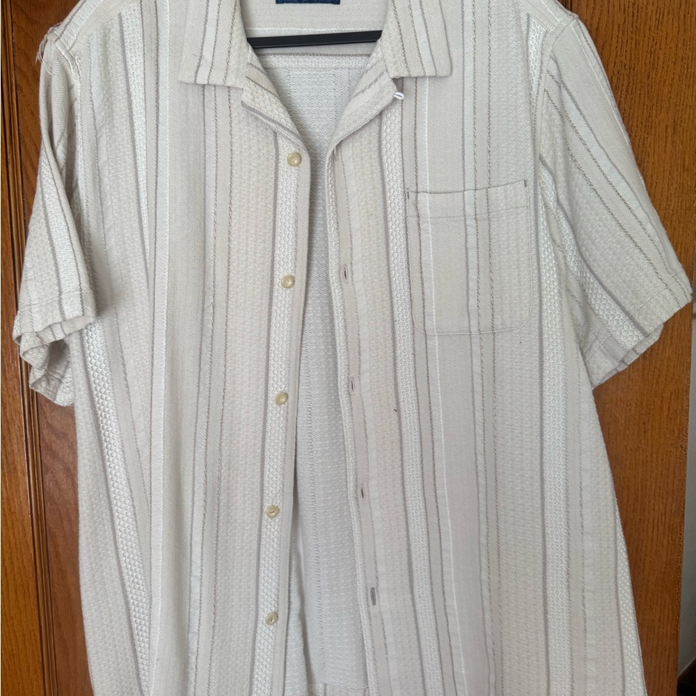 Tommy Bahama Cream and Beige Striped Short-Sleeve Camp Shirt